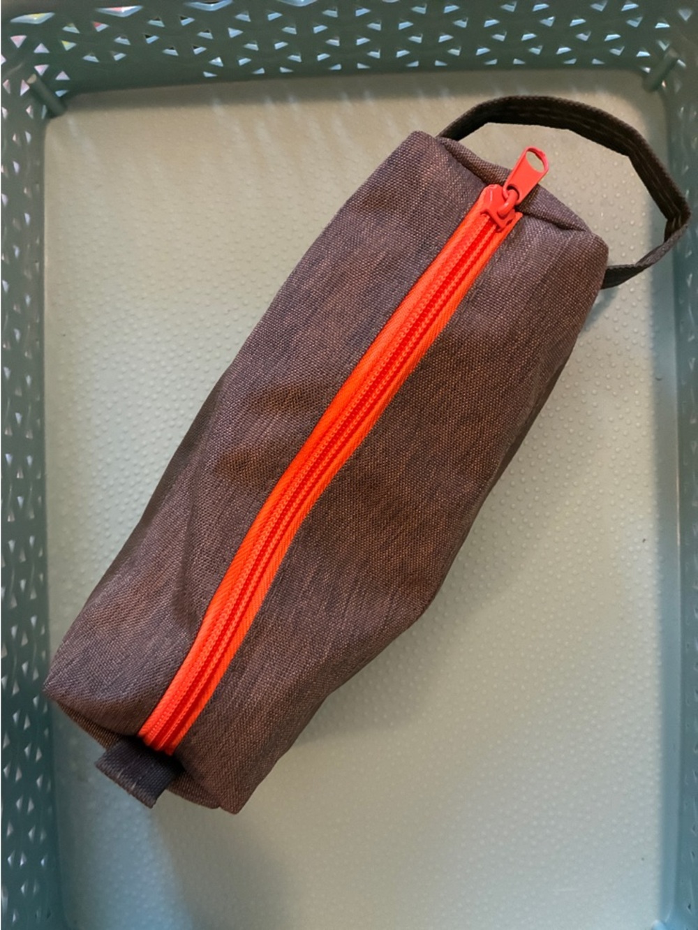 Pencil Pouch Travel Bag in Mossy Green with Neon Orange Zipper, Handle Loop